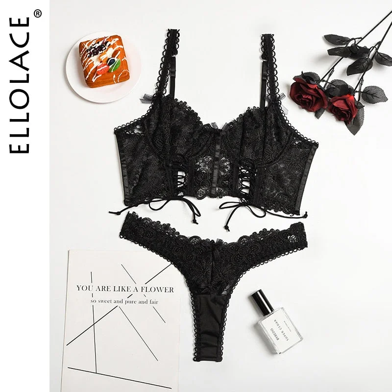Ellolace Sexy Lingerie Lace Fancy Underwear Brief Sets Bra Kit Push Up g-Strings Thongs Short Skin Care Kits Sensual Outfits