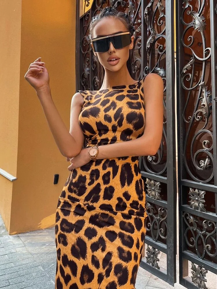 WannaThis Y2K Leopard Print Dress Women Backless O Neck Streetwear Sexy Fashion Bodycon Nightclub Tank For New Year 2022 Dresse