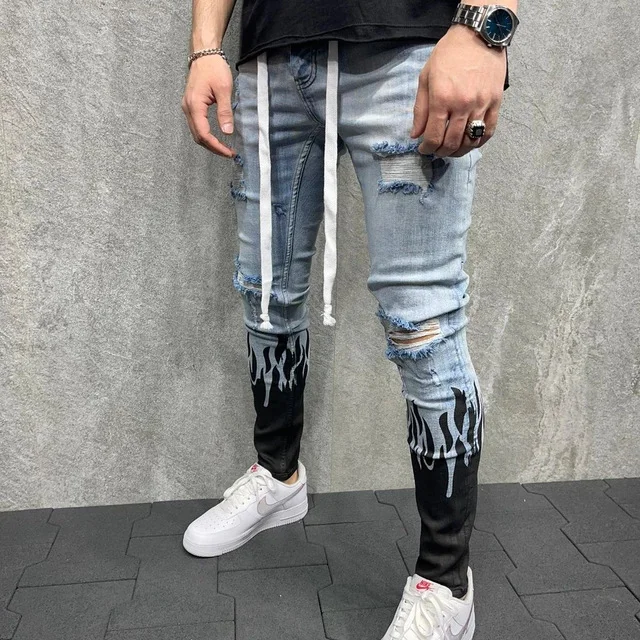 Flaming hole scratched print contrast colorblock sskinny jeans