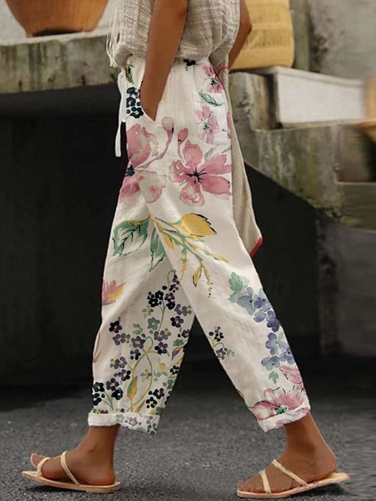 Comstylish Retro Casual Floral Print Pocket Trousers