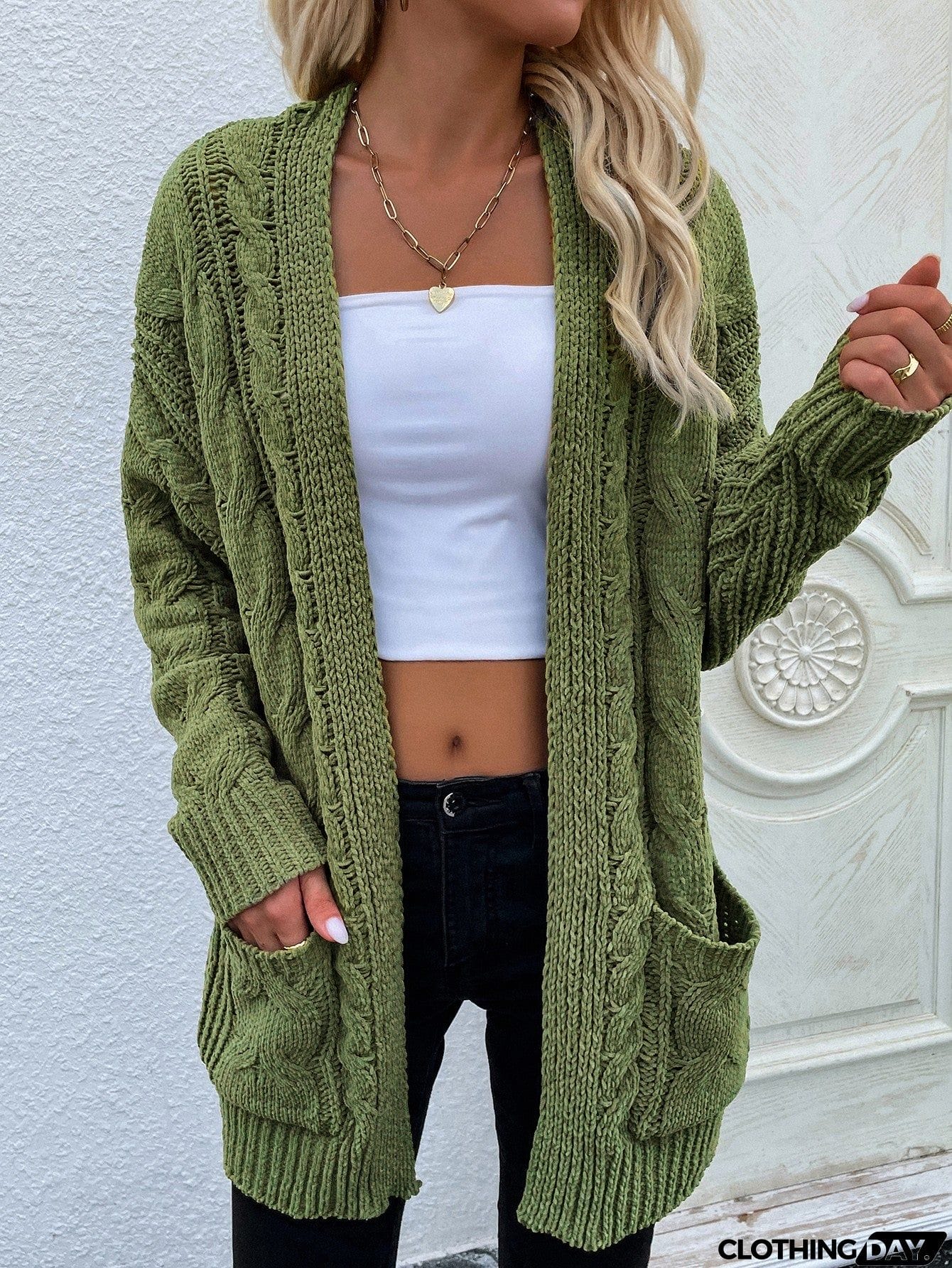 Woven Right Cable-Knit Open Front Cardigan with Front Pockets