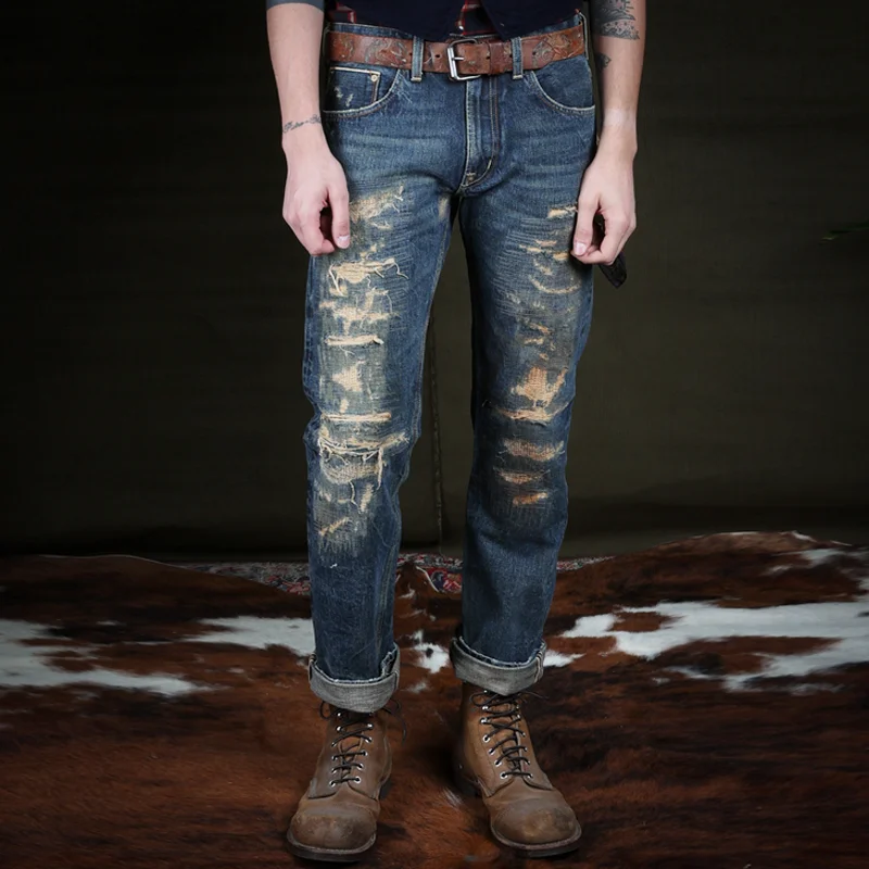 Vintage 100% Selvedge Cotton Denim Washed Ripped Jeans