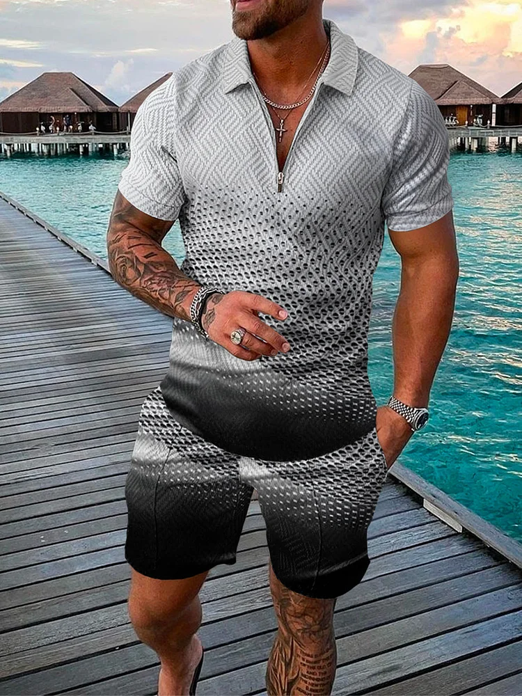 Men's Fashion Printed Zip Polo Shirt and Shorts Two-Piece Suits