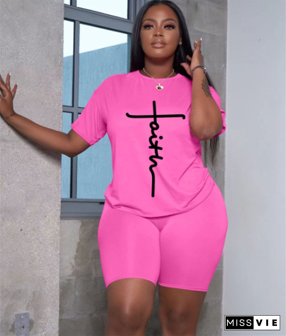 Letter Short Sleeve T Shirts and Shorts 2 Piece Outfits