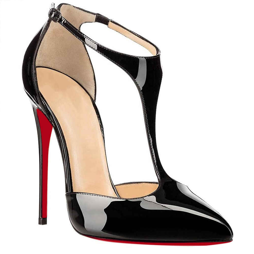 120mm Womens T-Strap Pumps High Heels Black Patent Pumps-vocosishoes