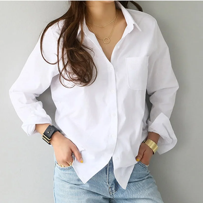 Zoki White Women Shirt Fashion Long Sleeve Casual Turn Down Collar Female Blouse Loose Pocket Button Office Ladies Elegant Tops