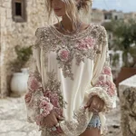 Women's Vintage Pink Flower Embroidery Art Round Neck Long Sleeve T-shirt - Image 3