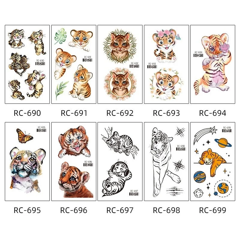 10pcs/set Cute Tiger Temporary Tattoo For Kids Women Men Makeup Body Sticker Watercolor Pattern Disposable tatouage temporaire