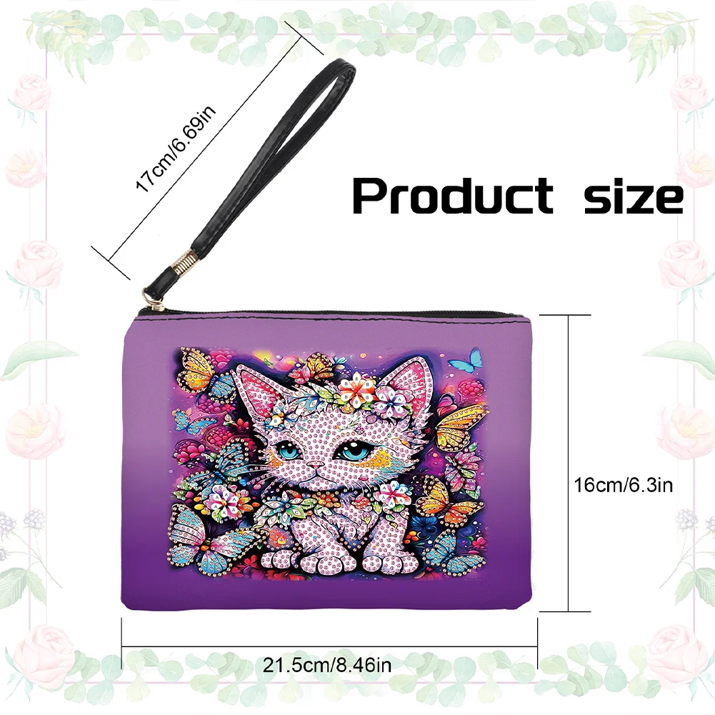 DIY Butterfly Cat PU Partial Special Shaped Diamond Painting Wallet Makeup Bag