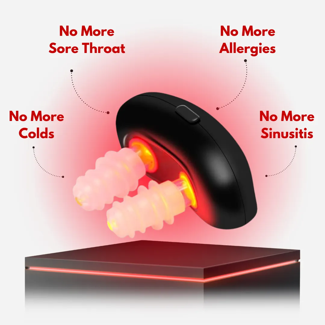 NoMore® Colds 红光治疗仪配有发光鼻适配器,可缓解咽喉痛、感冒、过敏和鼻窦炎