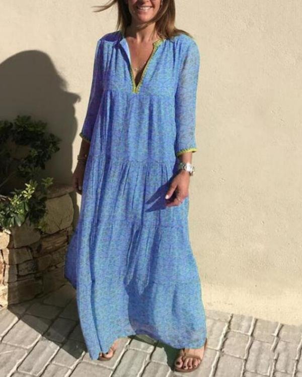 blue casual v neck cotton blend dresses p117228