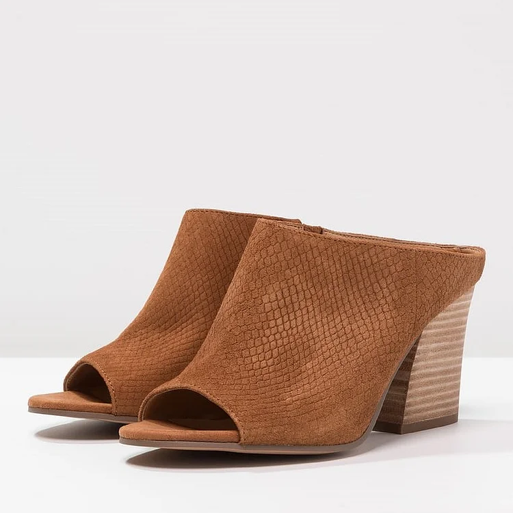 Brown Vegan Suede Python Block Heel Mules Sandals |FSJ Shoes