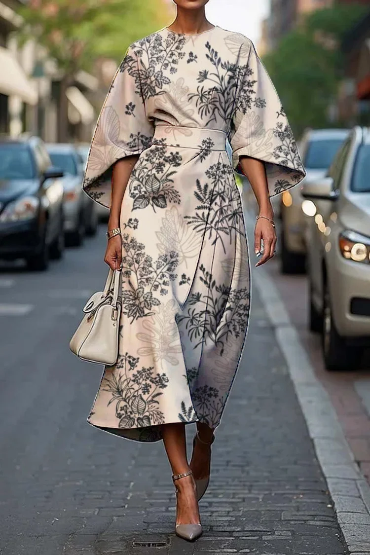 Women's Elegant Vintage Floral Print Midi Dress