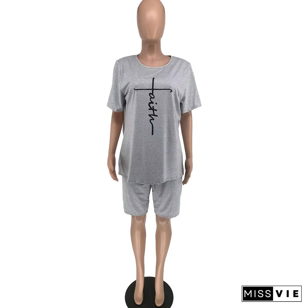 Letter Short Sleeve T Shirts and Shorts 2 Piece Outfits