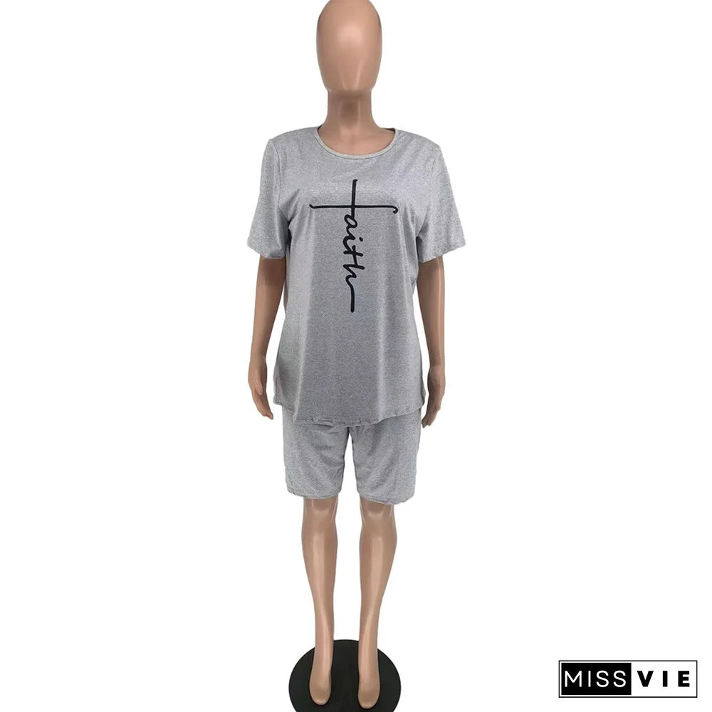 Letter Short Sleeve T Shirts and Shorts 2 Piece Outfits