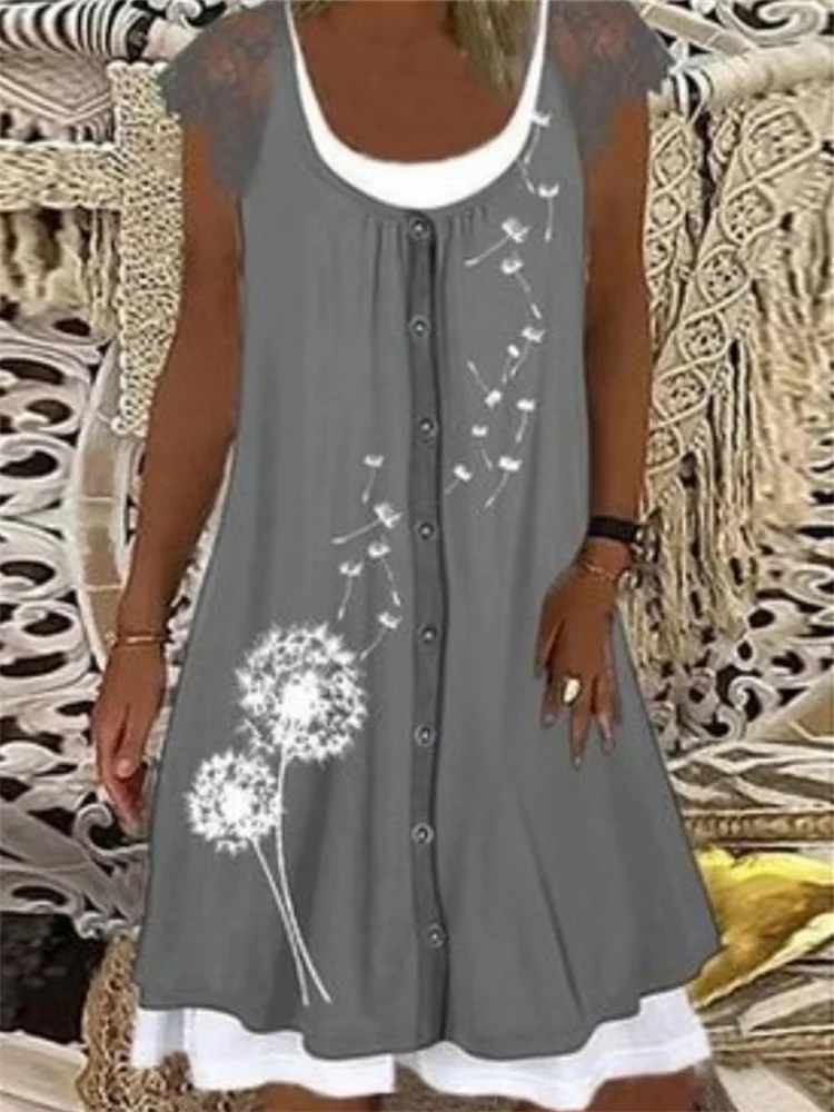 Dandelions Print Lace Cap Sleeve Midi Dress