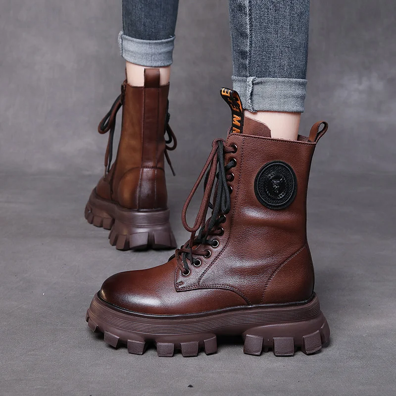 Yyvonne Layer Of Cowhide Autumn And Winter Plus Velvet Warm New Baibian Cake Bottom Cylinder Zipper Locomotive Boots Martin Boots Woman