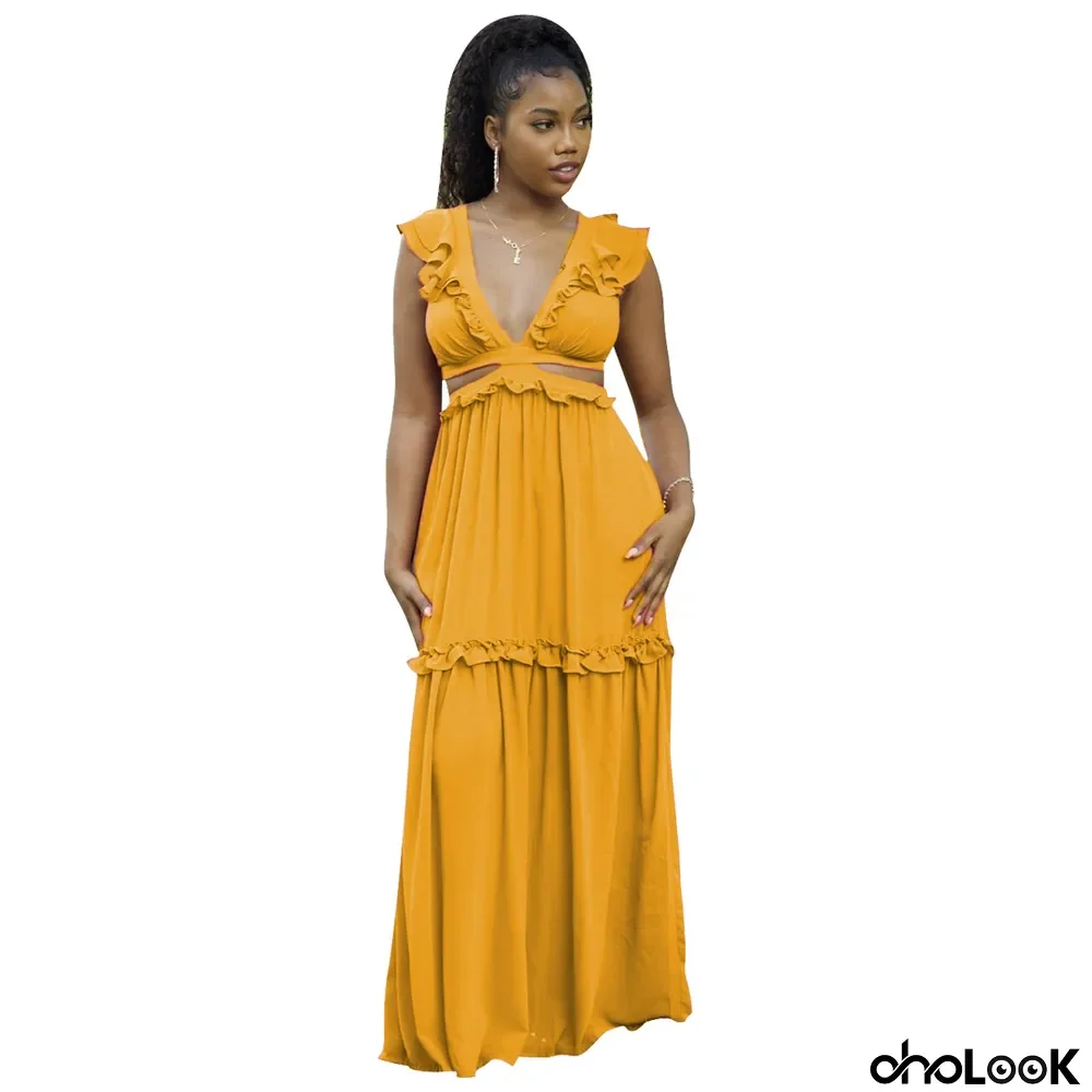 Solid V Neck Backless Bandage Maxi Dress