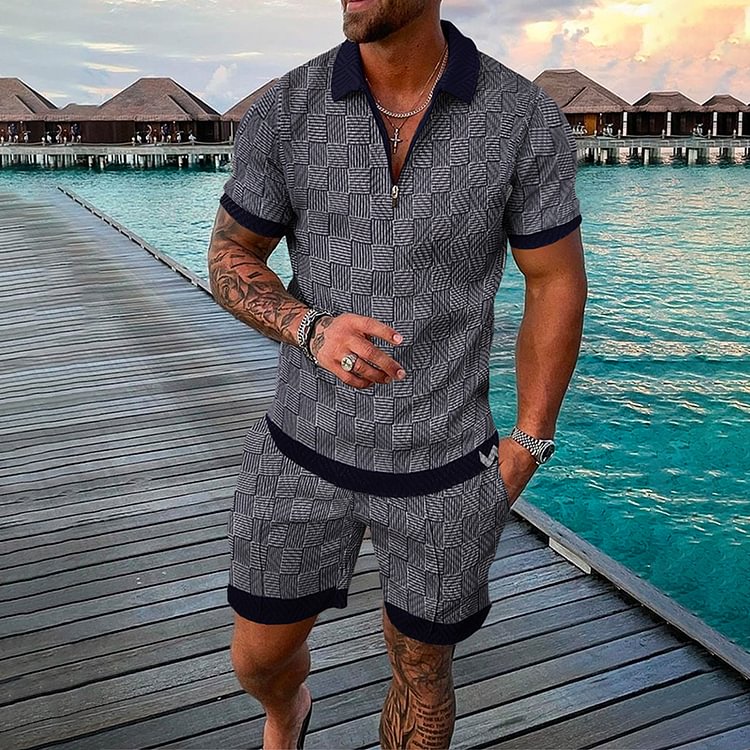 BrosWear Men's Casual Rattan Pattern Print Short Sleeve Polo Shirt and Shorts Two Piece Set