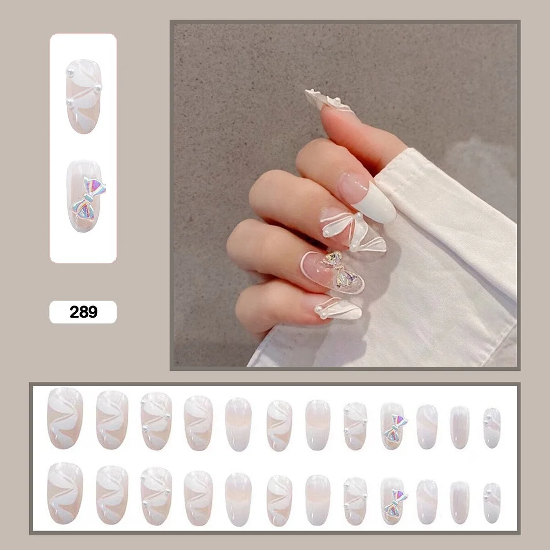 Fairy nail art Pearl decoration Wearable False Nails with glue 24pcs per box with wear tools-Nail Inspo