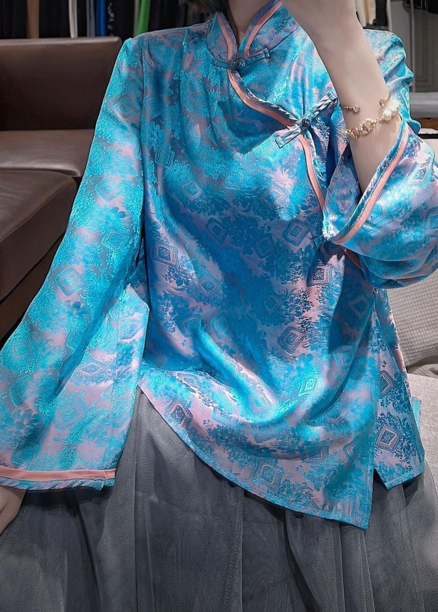 VCSHOES Blue Stand Collar Oversized Jacquard Silk Blouses Fall