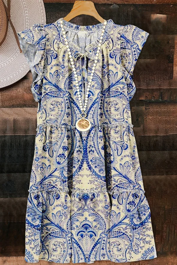 Elegant Ruffle Sleeve Graphic Print Midi Dress