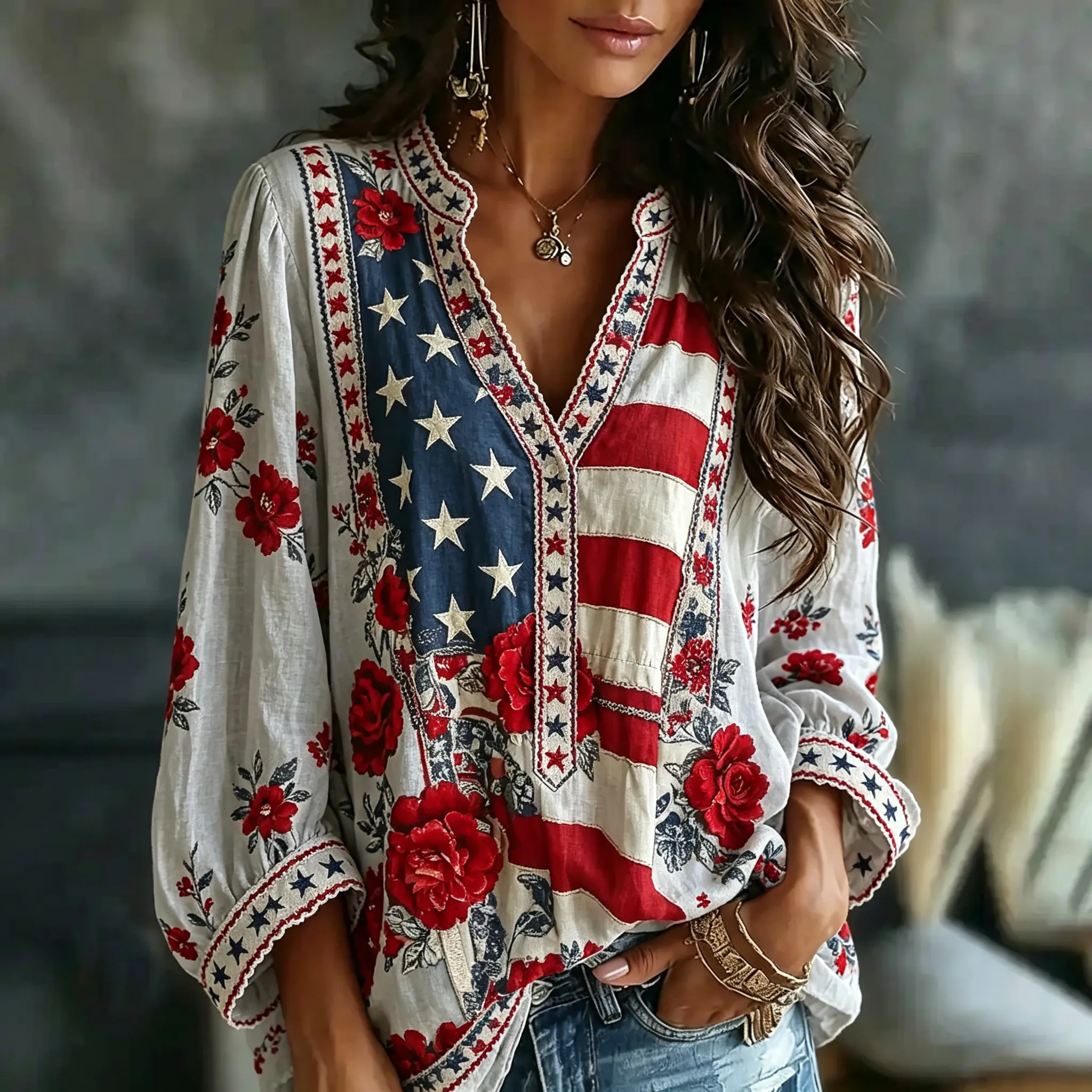  Women's Vintage Rose And Flag Anniversary Art Casual Shirt Westsshops