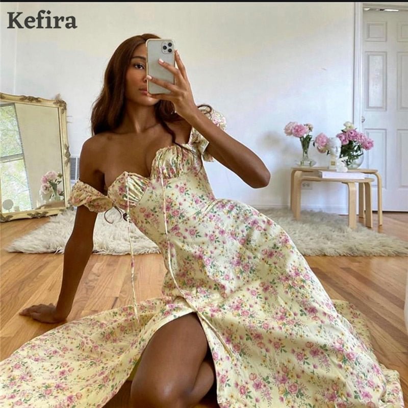 Kefira Sexy Floral Print Dress Women Short Puff Sleeve Ruched Drawstring Sundress Elegant High Split Vintage Casual Maxi Dresses