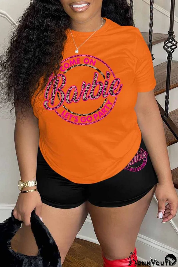 Orange Casual Print Letter O Neck Short Sleeve Two Pieces