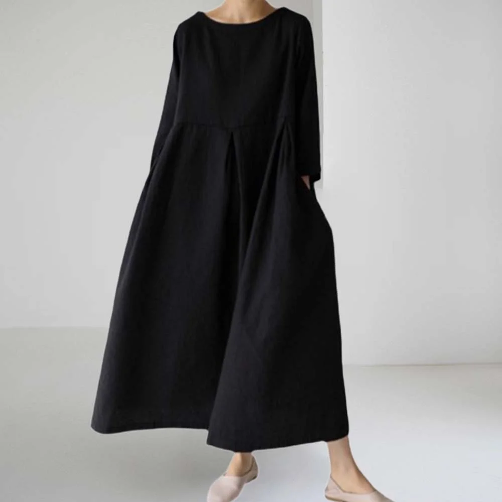 Smiledeer Spring and autumn casual loose round neck cotton and linen dress