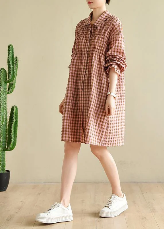 Natural Pink Plaid Cotton Cinched Spring Dresses