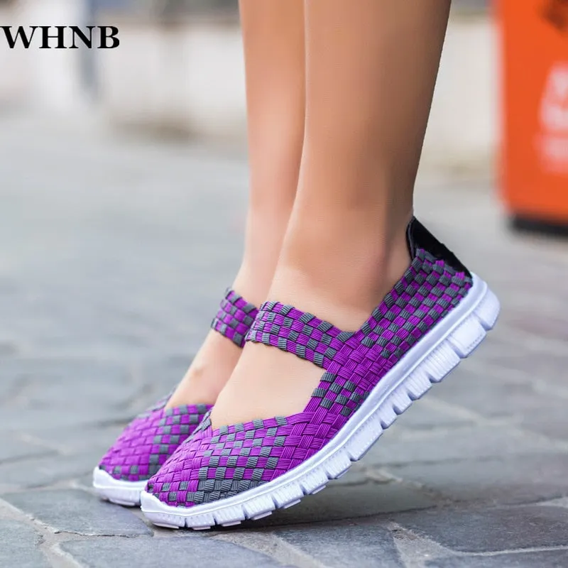 WHNB Women's Loafers Casual Shoes 2021 Spring Comfortable Sneakers Woven Breathable Flat Shoes Outdoor Hook&Loop Slip
