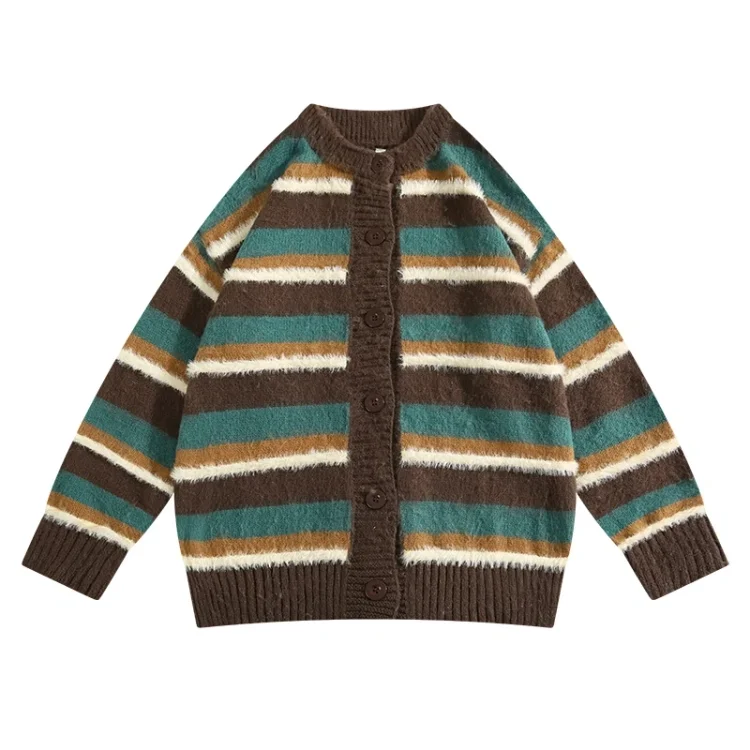 Kakacloud Men and Women Color-Blocked Splicing Striped Plush Sweater Cardigan Autumn Winter Trendy Retro Casual Warm Couples Button Jacket