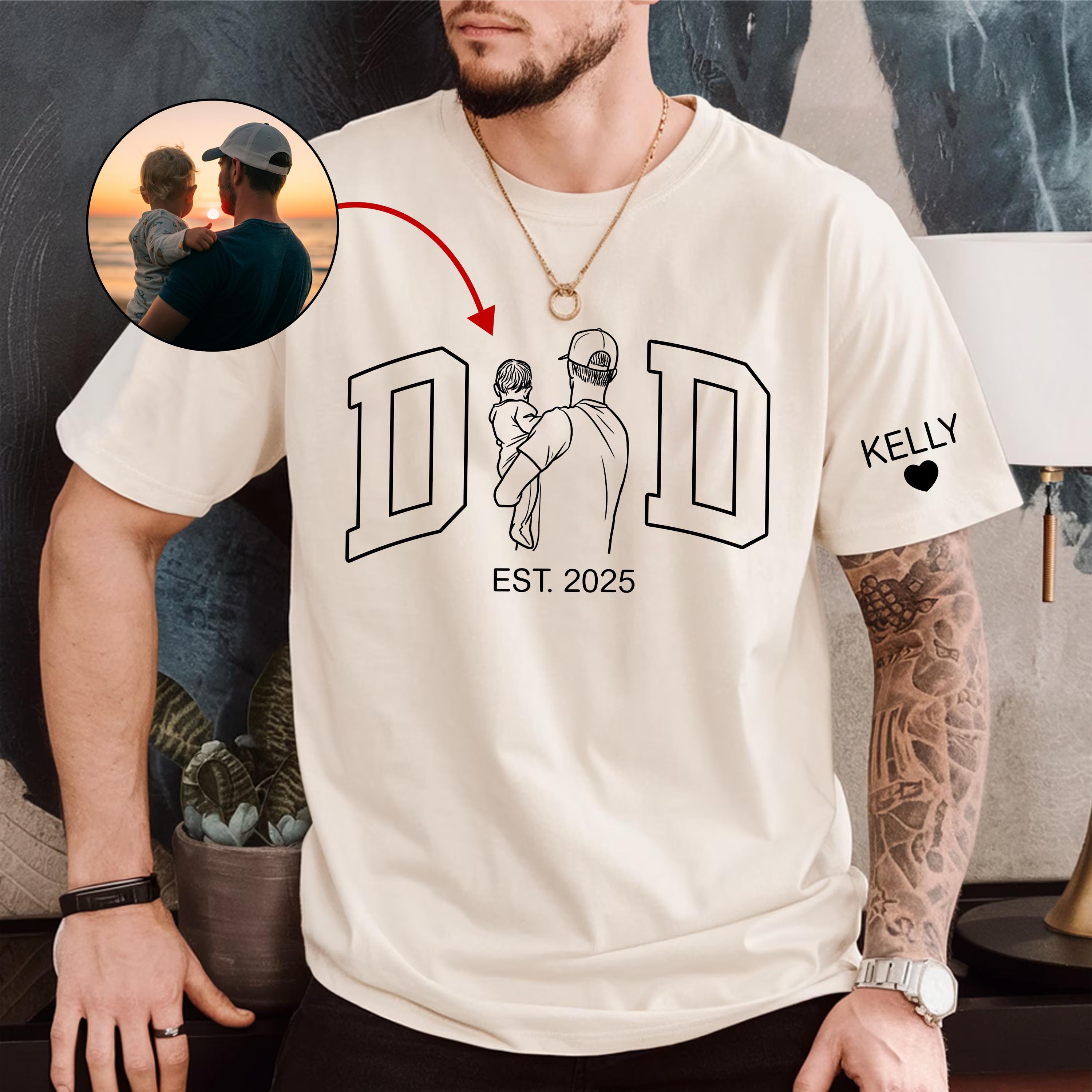 Loveyoufancy Line Art Dad Tribute Sweatshirt with Kid's Name on Sleeve