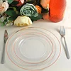 10 Pack | 10" Très Chic Rose Gold Rim Clear Plastic Dinner Plates, Disposable Party Plates