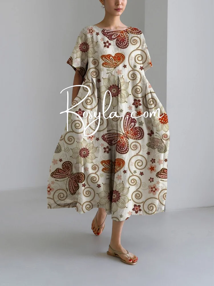 Women's Simple Butterfly Print Loose Round Neck Medium Length Skirt Dress