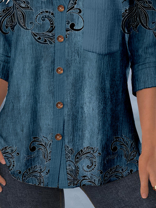 Women Long Sleeve Shirt Collar Floral Printed Graphic Lace Button Pockets Tops