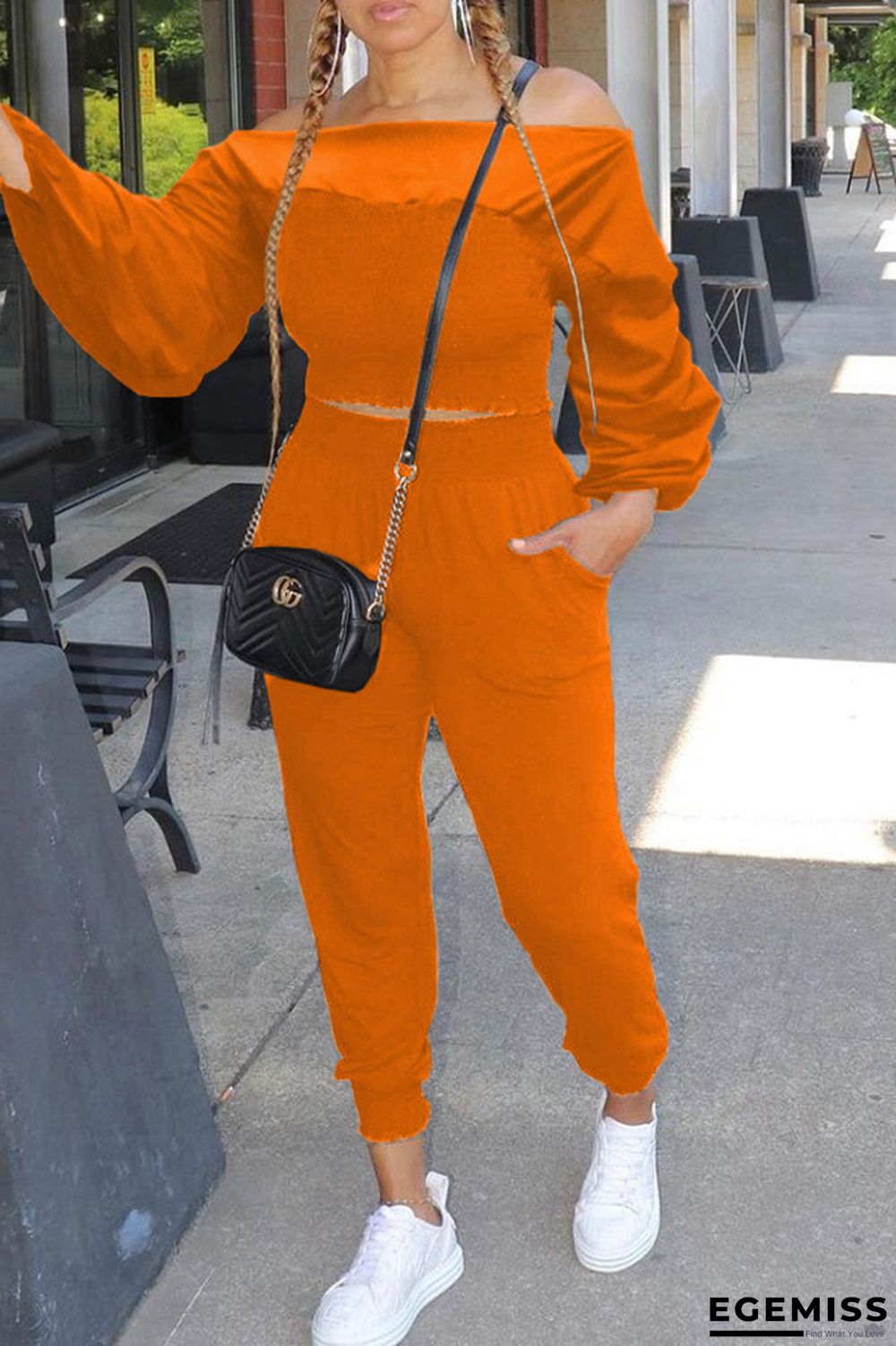 Tangerine Red Casual Solid Patchwork Off the Shoulder Long Sleeve Two Pieces | EGEMISS