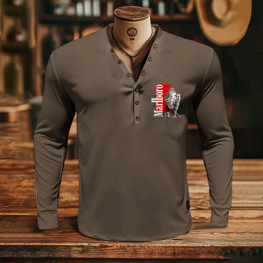 Stylish Logo Long Sleeve Henley Shirt