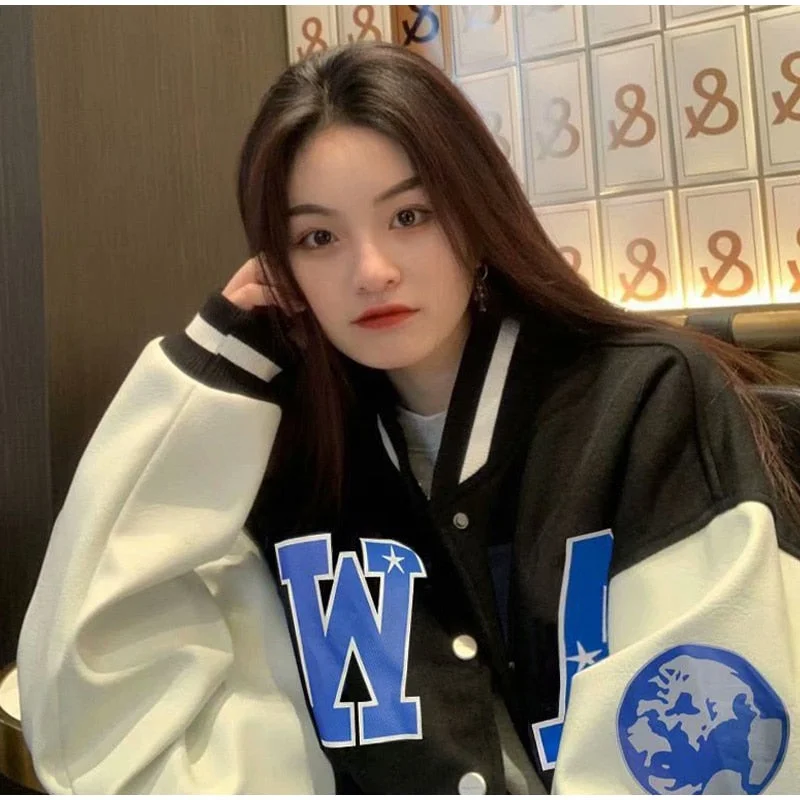 Women Letter Print Baseball Jacket Uniform Winter Korean Patchwork Oversized Coat Harajuku Single Breasted Unisex Jacket Coats