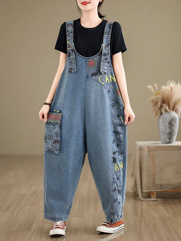 Women's Letter Graphic Printed Pockets Jumpsuit