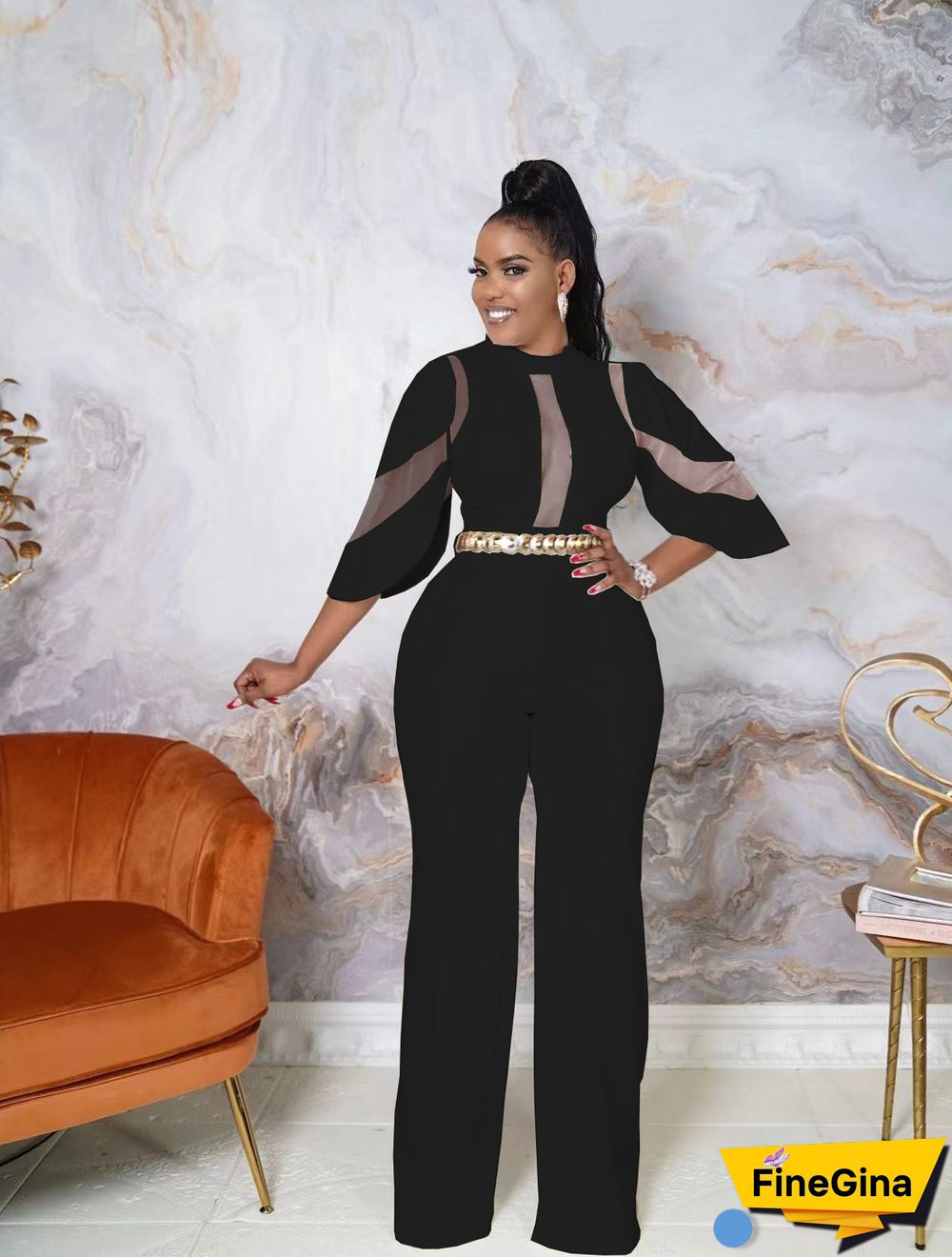 Fashion Net Yarn Patchwork Sexy Jumpsuit