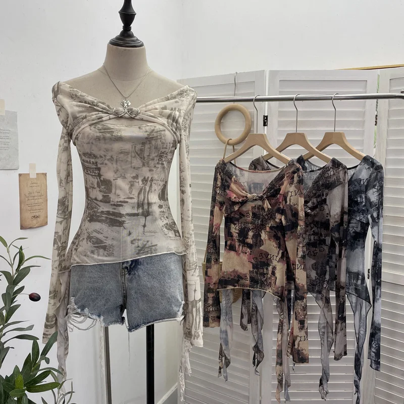 Nigikala Nigikala Shooting Strapped With Hollow Retro Print Long-Sleeved Mesh T-Shirt Ribbon Design Spring And Summer Top 1195