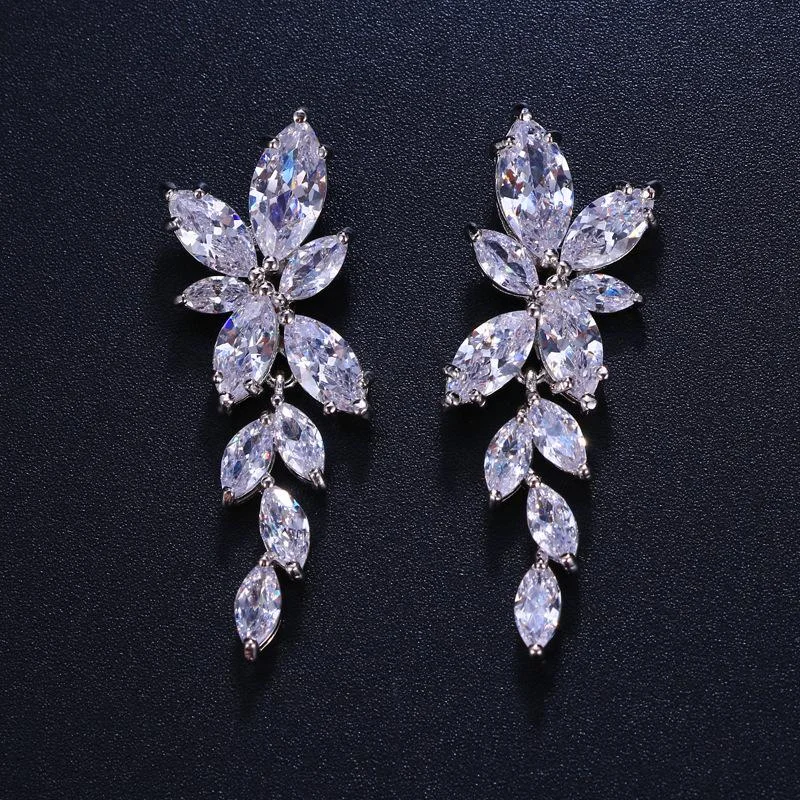 Marquise Cut Cluster Leaf Shiny Zirconia Dangle Drop Earrings