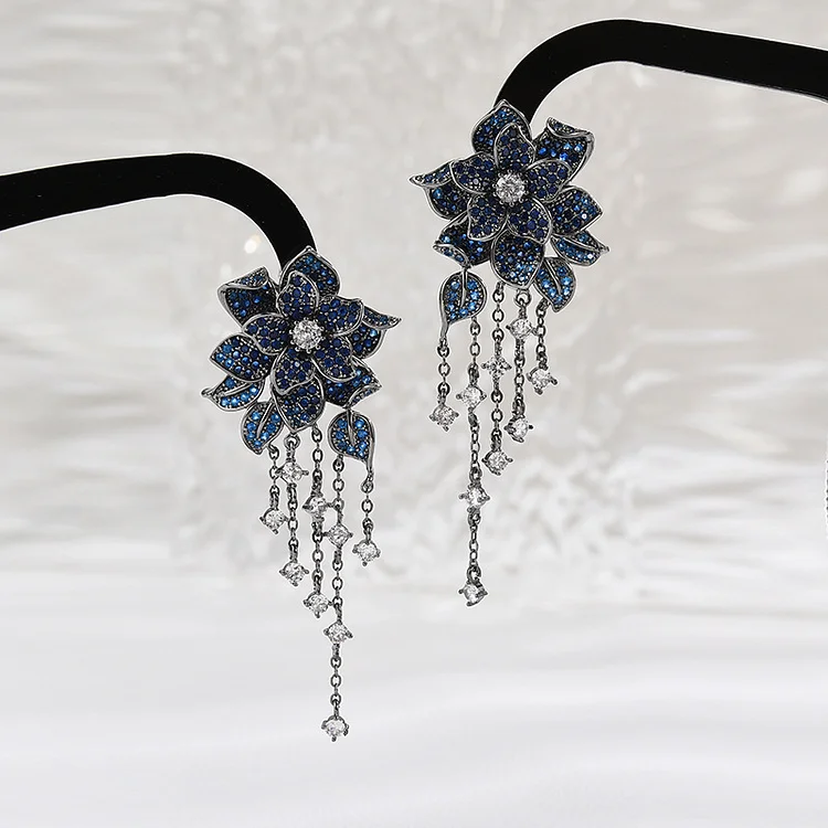 Fashion Heavy Industry Earrings Sterling Silver Needle Micro Inlaid Zircon Long Flower Tassel Earrings High Profile and Generous All-Match Earrings