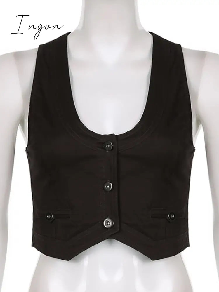 Ingvn - Y2K Button Corset Top Black Sleeveless Tank Tops Skinny V Neck Aesthetic Punk Crop Grunge