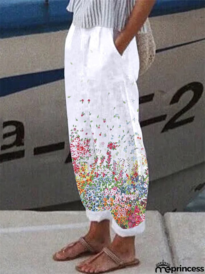 Women's Relaxed Colorful Floral Print Loose White Pants
