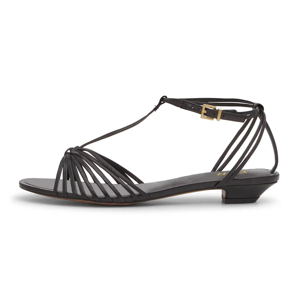 YDN Vegan Leather Open Round Toe Strap Heels Sandals in Black
