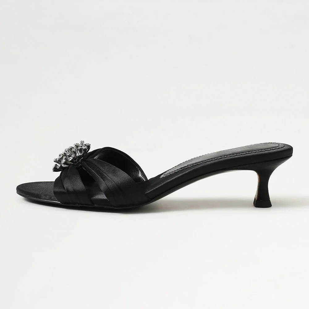 Black Satin Kitten Heel Women's Mules Shoes with Rhinestones Decor