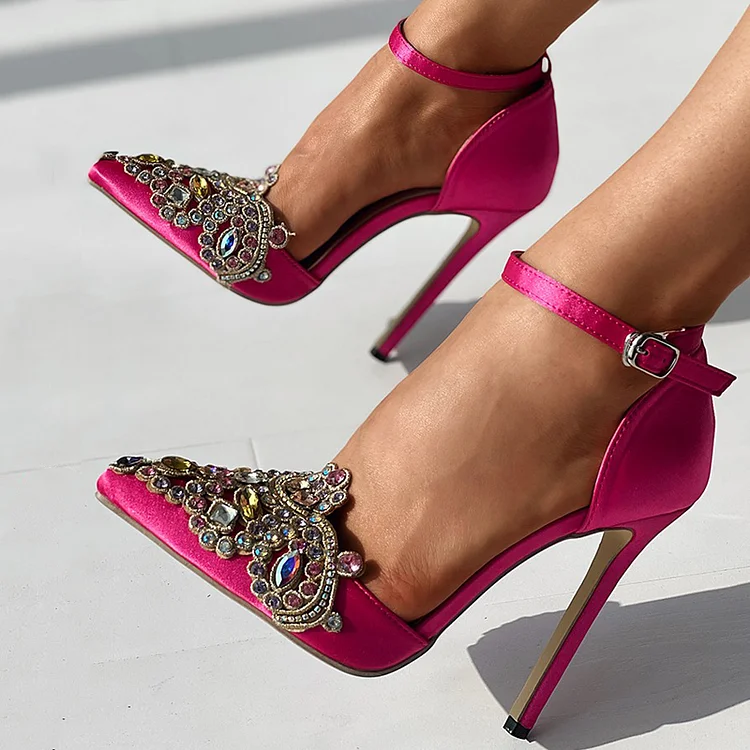 Pointy Toe Rhinestones Pump Women's Elegant Stiletto Shoes Party Ankle Strap Heels |FSJ Shoes